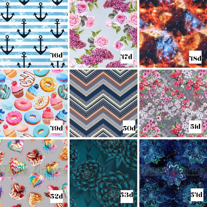 K&ouml;nnte beinhalten: Eine Collage aus neun verschiedenen Stoffmustern, darunter nautische Anker, Blumenmuster, Galaxie-Drucke und geometrische Muster. Jedes Muster ist mit einer Nummer und dem Buchstaben 'd' gekennzeichnet.