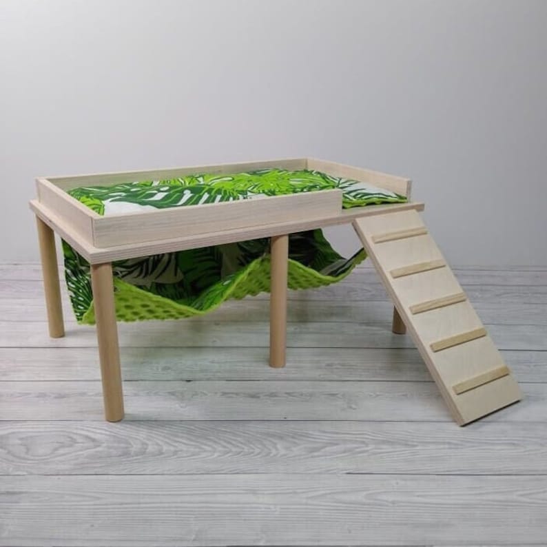 wooden double hammock stand for guinea pig with upper bed and lower hanging hammock, small pet cage furniture for chinchilla or rat, cozy two level hammock setup