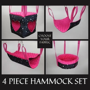 4 piece hammock set for small animals such as rats, chinchillas, ferrets and guinea pigs. Rat cage accessories, chinchilla cage accessories.