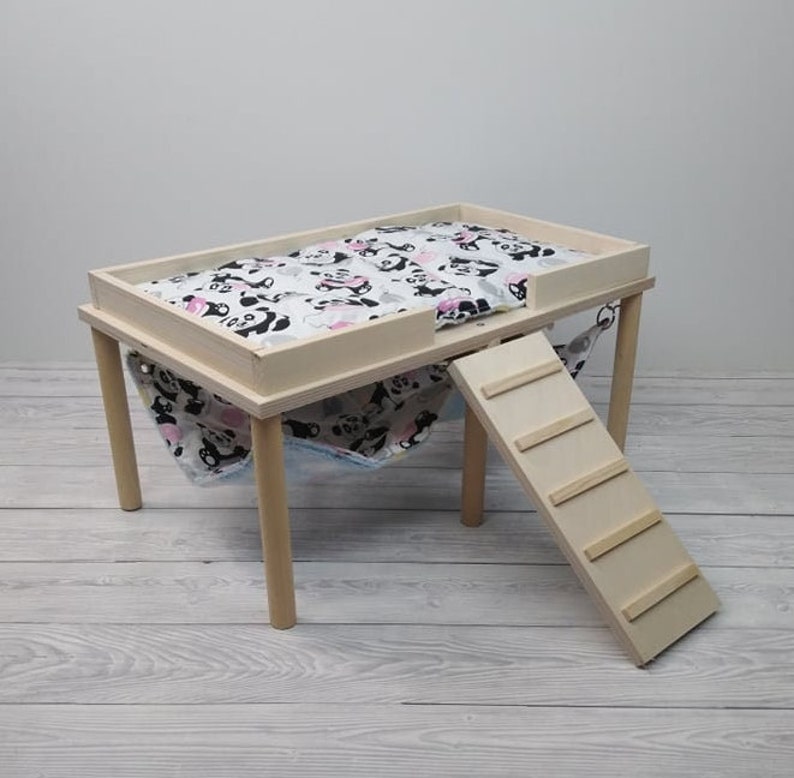wooden double hammock stand with hideout platform for guinea pig, small pet cage furniture with upper bed and lower hammock, chinchilla or rat cozy two level setup
