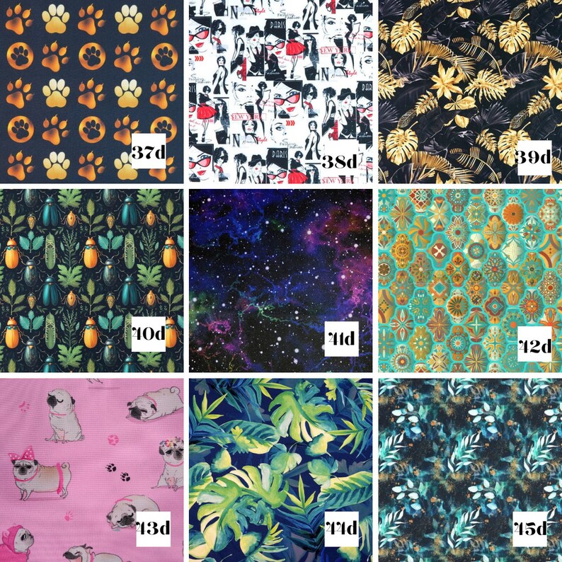 K&ouml;nnte beinhalten: Eine Collage aus 10 verschiedenen Stoffmustern. Die Muster umfassen Pfotenabdr&uuml;cke, Modeillustrationen, tropische Bl&auml;tter, K&auml;fer, Galaxie, geometrische Fliesen, Mops und mehr.