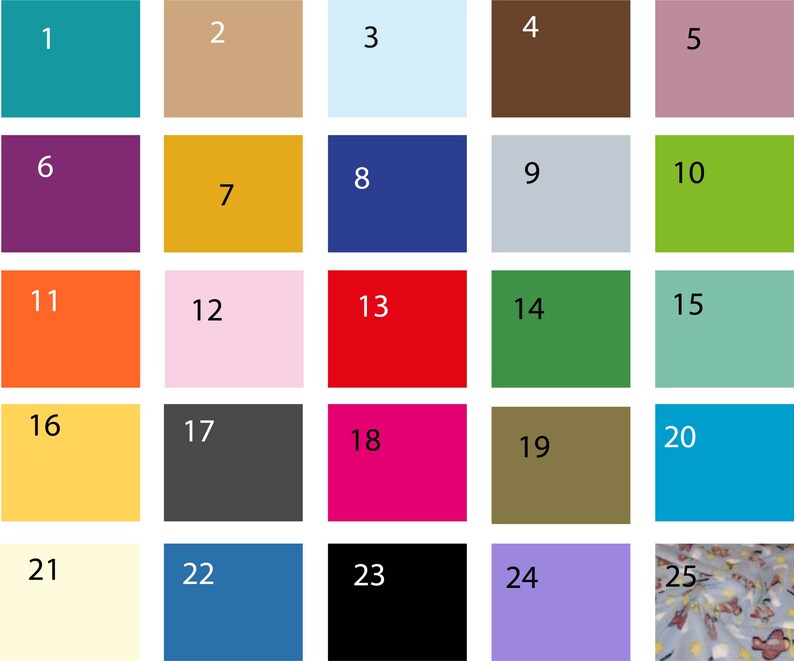 Peut inclure: Un nuancier de 25 couleurs diff&eacute;rentes, num&eacute;rot&eacute;es de 1 &agrave; 25. Les couleurs comprennent le bleu sarcelle, le beige, le bleu clair, le marron, le rose, le violet, l'or, le bleu marine, le gris clair, le vert, l'orange, le rose, le rouge, le vert, le bleu clair, le jaune, le gris, le rose, le marron, le bleu, la cr&egrave;me, le bleu, le noir, le violet et un tissu &agrave; motifs.