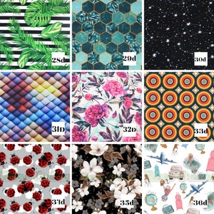 K&ouml;nnte beinhalten: Eine Collage aus neun verschiedenen Stoffmustern. Die Muster umfassen tropische Bl&auml;tter, geometrische Formen, Sterne, Blumen, Kreise, Marienk&auml;fer und ein Reisemotiv.