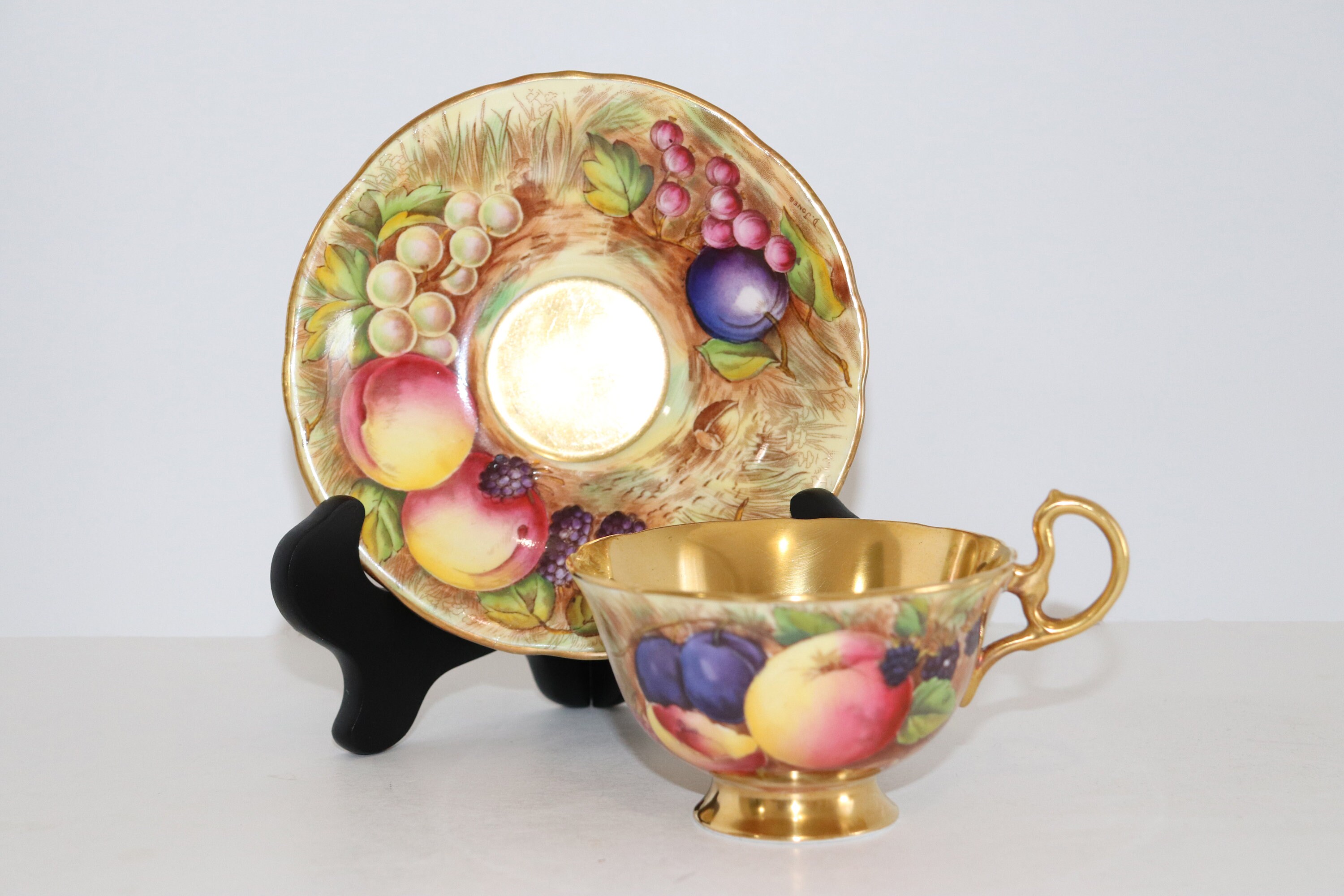 Aynsley Orchard Fruit & Gold Signed D. Jones Cup and N. Brunt Saucer ...