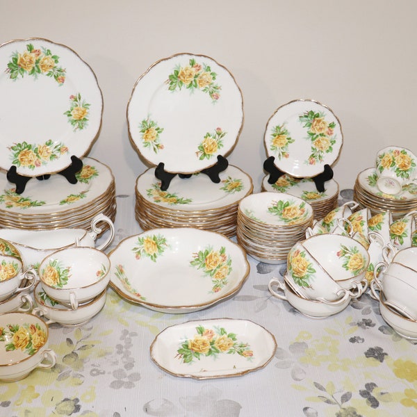 Royal Albert Tea Rose Yellow | 5 Piece Place Setting | Dinner Plate | Salad Plate | Bread & Butter Plate | Footed Cup | Saucer Set