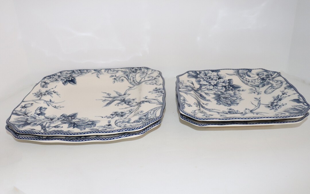 222 Fifth Adelaide Blue and White Square Dinner Plates, Salad Plate