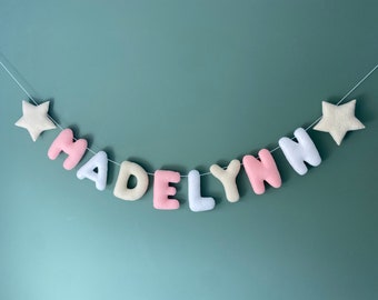 Custom Name Banner with Hearts Clouds Stars Strawberries, Custom Name Garland, Felt Name, Felt Name Garland, Nursery Decoration, Baby Shower