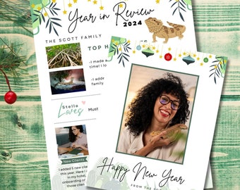 Reptile Pet and Owner Year In Review Holiday Newsletter, Christmas Card, Bearded Dragon Themed Print