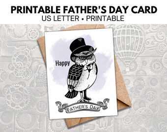 Father's Day Card Printable with Steampunk Style Owl, Happy Father's Day Card, Tuxedo Own Printable Card