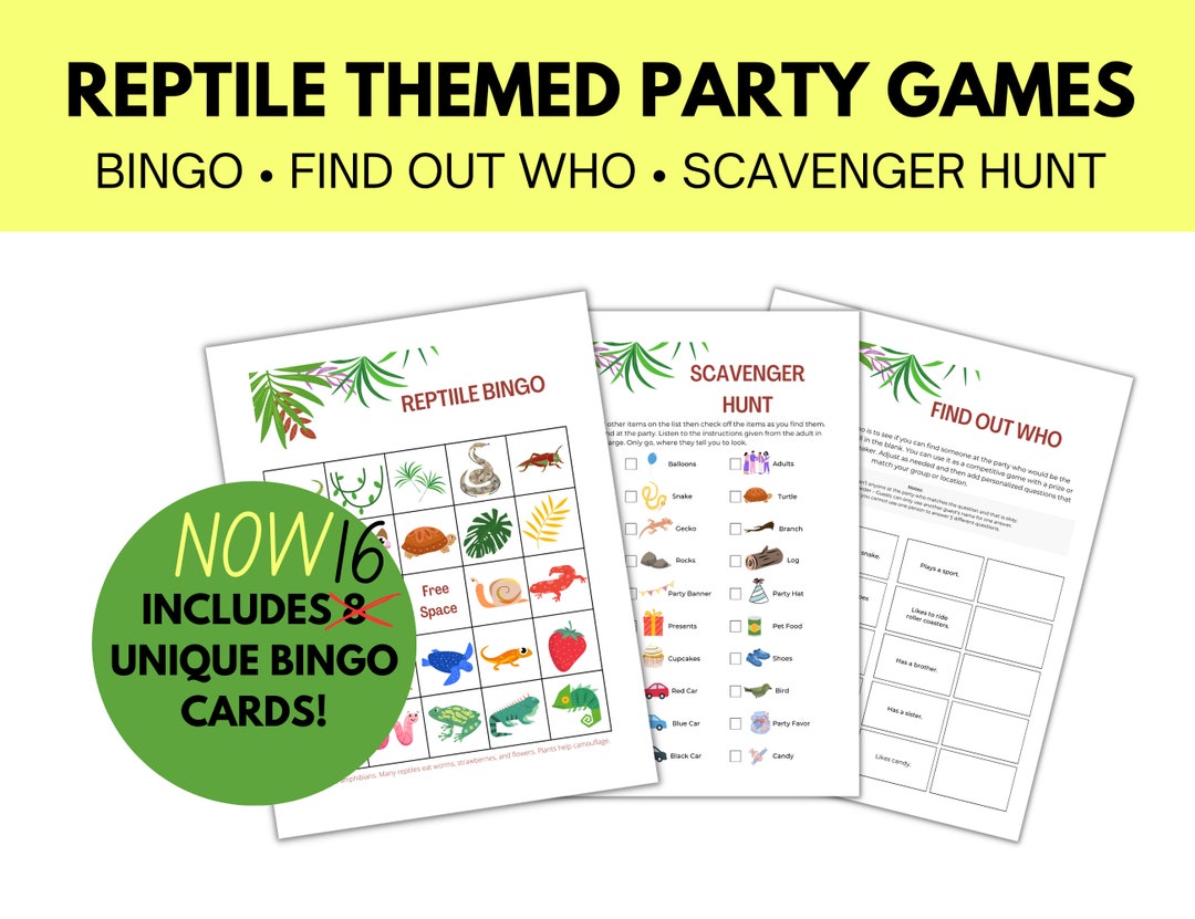 Reptile Birthday Party Games, Kid Icebreaker Game, Reptile BINGO