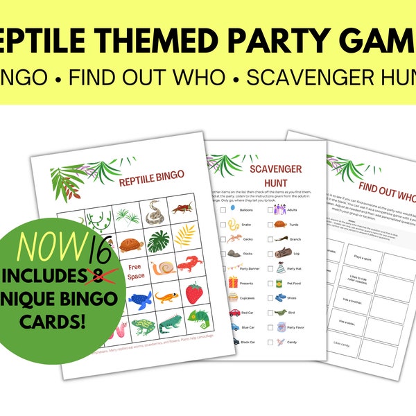 Reptile Birthday Party Games, Kid Icebreaker Game, Reptile BINGO, Printable Party Game Bundle