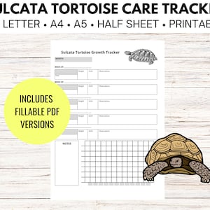 Peut inclure: Suivi des soins de la tortue sulcata imprimable, une feuille imprimable en noir et blanc avec un suivi de croissance, une section de notes et des illustrations de tortues. Inclut des versions PDF remplissables.