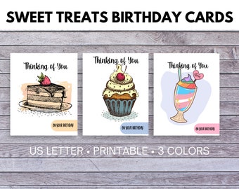 Set of 3 Sweet Treats Birthday Printable Card, Happy Birthday Card, Dessert Birthday Card