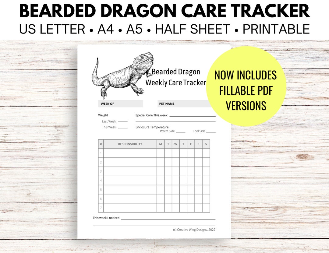 Reptile Chore Chart Bearded Dragon Care Tracker Pet Feeding Log 