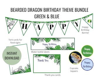 Bearded Dragon Birthday Party Bundle Blue and Green, Reptile Party Decorations, Reptile Happy Birthday Banner