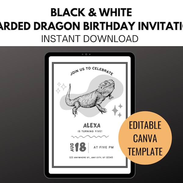 Bearded Dragon Birthday Invitation Black and White, Greyscale, Reptile Party Invite, Canva Template Birthday Invitation