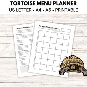 May include: Printable tortoise menu planner with a checklist of foods to feed your tortoise. The planner includes a grid for tracking daily meals and a section with a list of foods to feed your tortoise, categorized by frequency, such as 'Serve in Moderation' and 'Rare Occasion'.