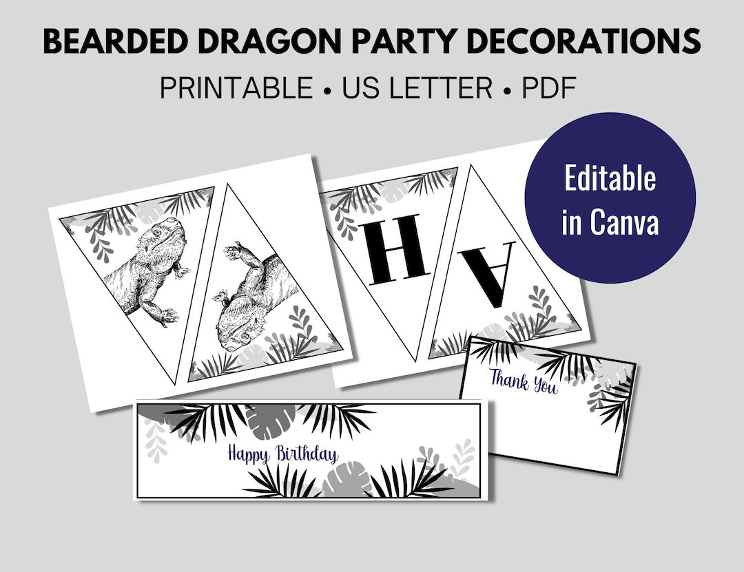 Bearded Dragon Birthday Party Bundle Black and White, Reptile Party Decorations, Reptile Happy