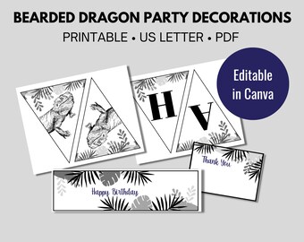 Bearded Dragon Birthday Party Bundle Black and White, Reptile Party Decorations, Reptile Happy Birthday Banner