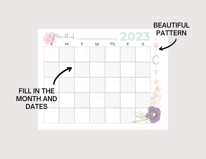 Calendar 2022 2023 Blank Printable Boho Floral Themed Etsy Australia