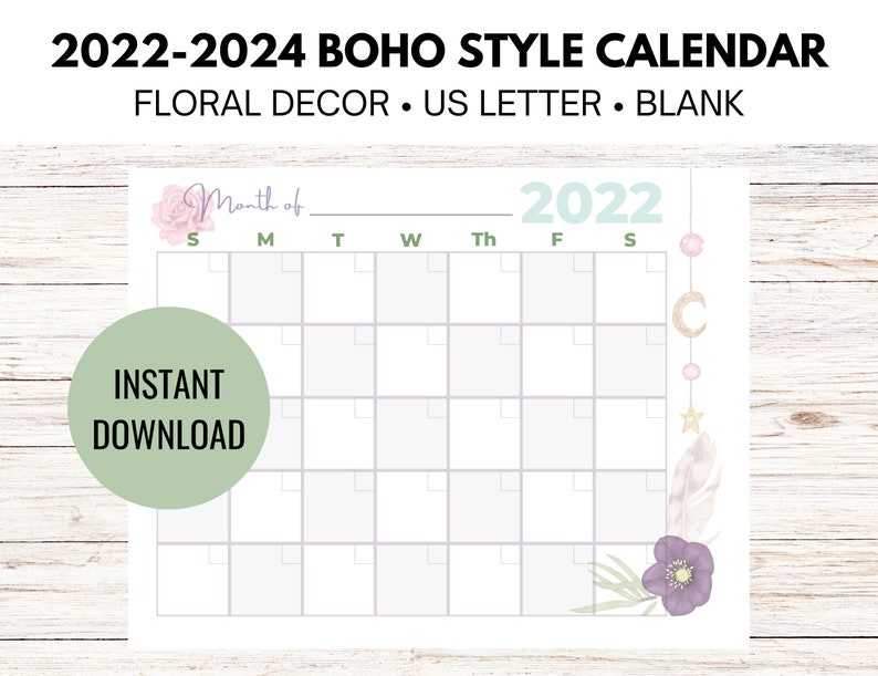 Calendar 2022 2023 Blank Printable Boho Floral Themed Etsy