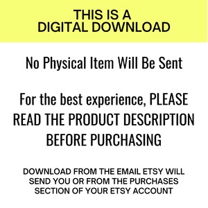 K&ouml;nnte beinhalten: Gelber Hintergrund mit schwarzem Text, der lautet: "Dies ist ein digitaler Download. Es wird kein physischer Artikel versandt. F&uuml;r die beste Erfahrung lesen Sie bitte die Produktbeschreibung, bevor Sie kaufen. Laden Sie den Artikel von der E-Mail herunter, die Etsy Ihnen sendet, oder aus dem Bereich Eink&auml;ufe in Ihrem Etsy-Konto."