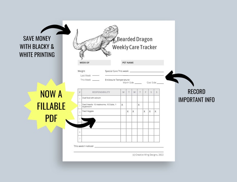 Reptile Chore Chart, Bearded Dragon Care Tracker, Pet Feeding Log Planner Insert image 4