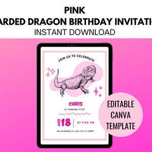 K&ouml;nnte beinhalten: Rosa digitale Einladungsvorlage f&uuml;r eine Bartagamen-Geburtstagsparty. Die Vorlage zeigt einen Comic-Bartagamen, den Text "Feiert mit uns", "Chris wird f&uuml;nf!" und "Aug 18 um 17:00 Uhr". Die Vorlage ist in Canva bearbeitbar.