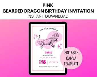 Bearded Dragon Birthday Invitation PINK, Reptile Party Invite, Canva Template Birthday Invitation