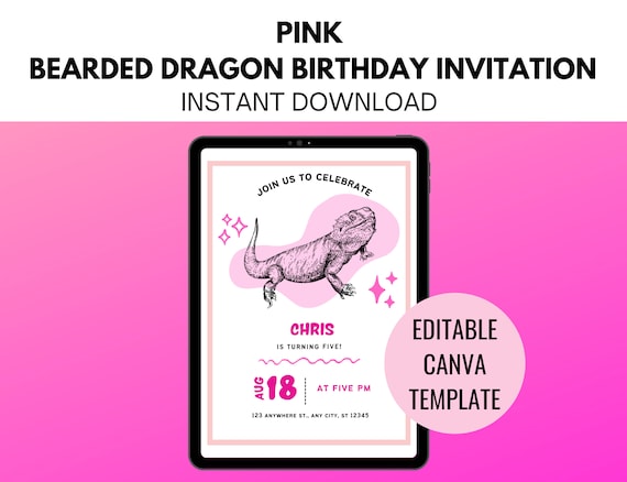 Bearded Dragon Birthday Invitation PINK, Reptile Party Invite, Canva Template Birthday Invitation