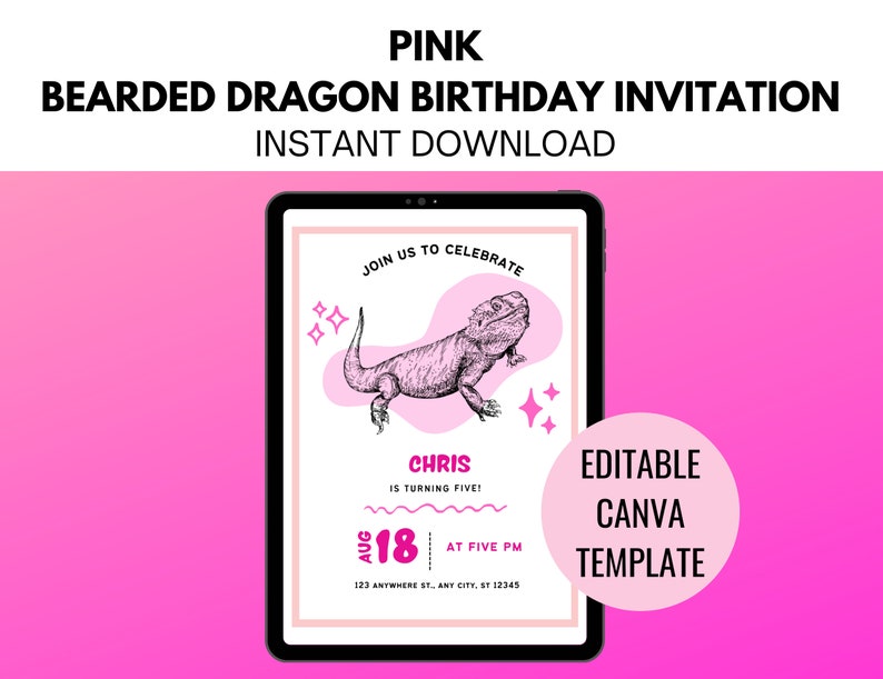 K&ouml;nnte beinhalten: Rosa digitale Einladungsvorlage f&uuml;r eine Bartagamen-Geburtstagsparty. Die Vorlage zeigt einen Comic-Bartagamen, den Text "Feiert mit uns", "Chris wird f&uuml;nf!" und "Aug 18 um 17:00 Uhr". Die Vorlage ist in Canva bearbeitbar.