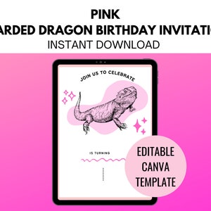 K&ouml;nnte beinhalten: Rosa digitale Einladungsvorlage f&uuml;r eine Bartagamen-Geburtstagsparty. Die Vorlage zeigt eine Schwarzwei&szlig;illustration eines Bartagamens und den Text "Feiert mit uns" und "Wird&nbsp;...&nbsp;Jahre alt". Die Vorlage ist in Canva bearbeitbar.