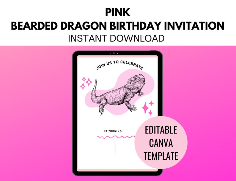 K&ouml;nnte beinhalten: Rosa digitale Einladungsvorlage f&uuml;r eine Bartagamen-Geburtstagsparty. Die Vorlage zeigt eine Schwarzwei&szlig;illustration eines Bartagamens und den Text "Feiert mit uns" und "Wird&nbsp;...&nbsp;Jahre alt". Die Vorlage ist in Canva bearbeitbar.