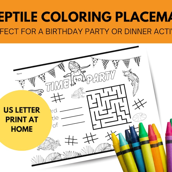 Reptile Theme Activity Sheet Happy Birthday Party Placemat Coloring Page