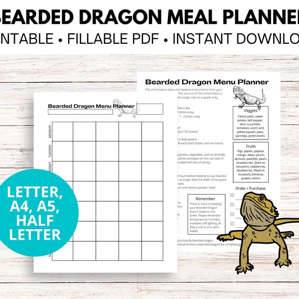 Bearded Dragon Menu Planner, Reptile Live Feeding Log, Planner Insert, Digital Planner Compatible