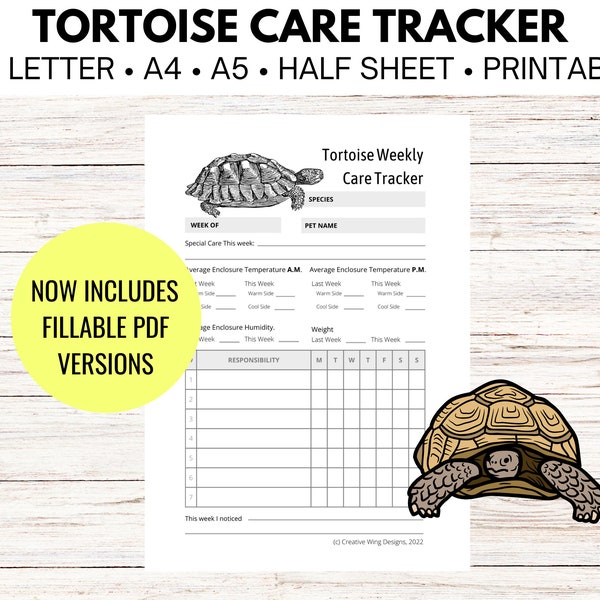 Reptile Chore Chart, Tortoise Care Tracker, Pet Feeding Log Planner Insert