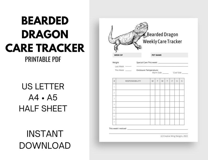 Reptile Chore Chart, Bearded Dragon Care Tracker, Pet Feeding Log Planner Insert image 2