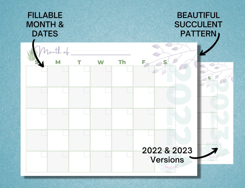 Calendar 2022 2023 Blank Printable Succulent Themed Etsy