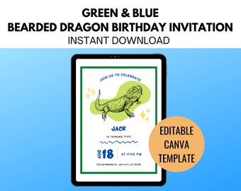 Bearded Dragon Birthday Invitation Blue and Green, Reptile Party Invite, Canva Template Birthday Invitation