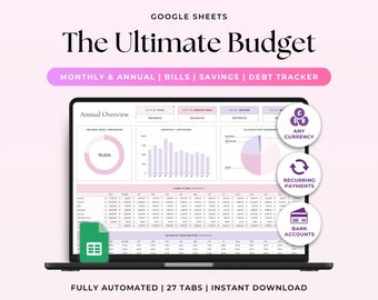 Annual Budget Google Sheets Spreadsheet Monthly Weekly Biweekly Paycheck Budget Planner Debt Tracker Bill Calendar 50/30/20 Ultimate Budget
