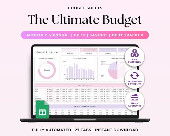 Annual Budget Google Sheets Spreadsheet Monthly Weekly Biweekly Paycheck Budget Planner Debt Tracker Bill Calendar 50/30/20 Ultimate Budget
