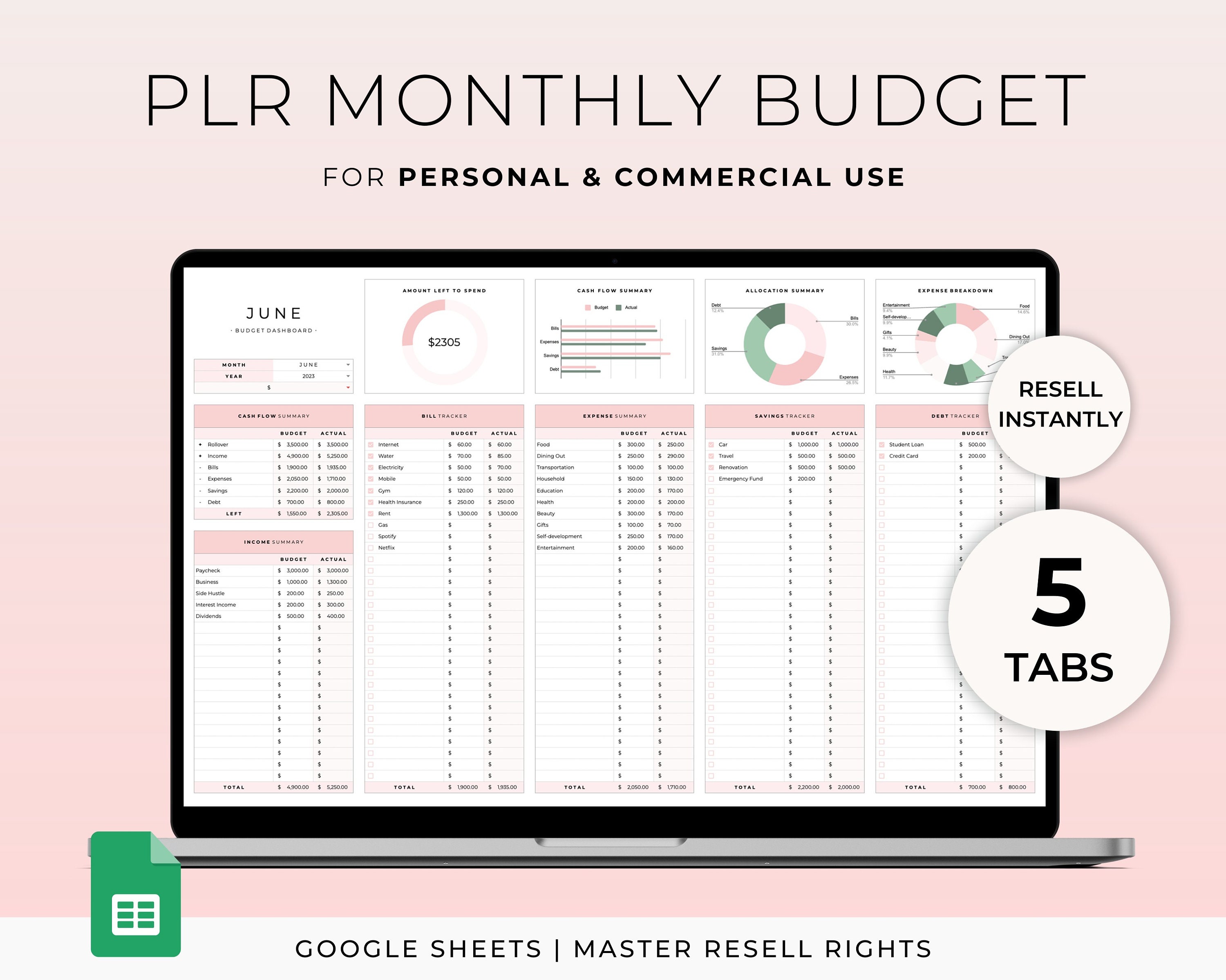 PLR Monthly Budget Spreadsheet for Google Sheets Master Resell Rights ...