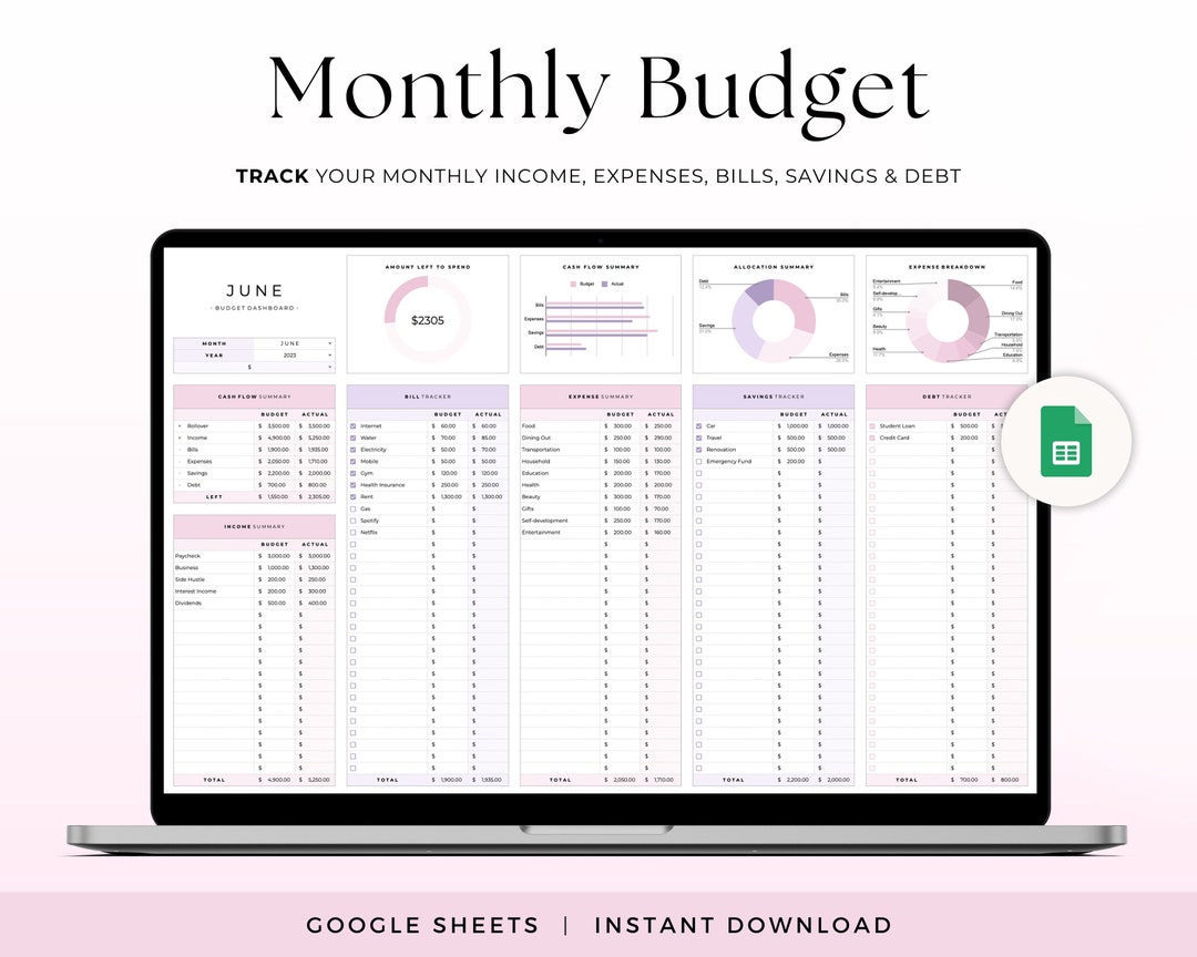 Google Sheets Monthly Budget Template Expense Tracker Finance Planner ...