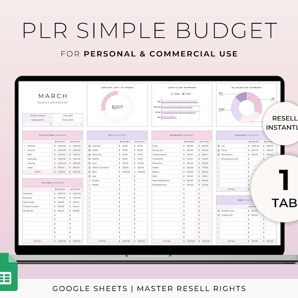 PLR Budget Template for Google Sheets Master Resell Rights Commercial License PLR Budget Spreadsheet Monthly Budget Financial Planner