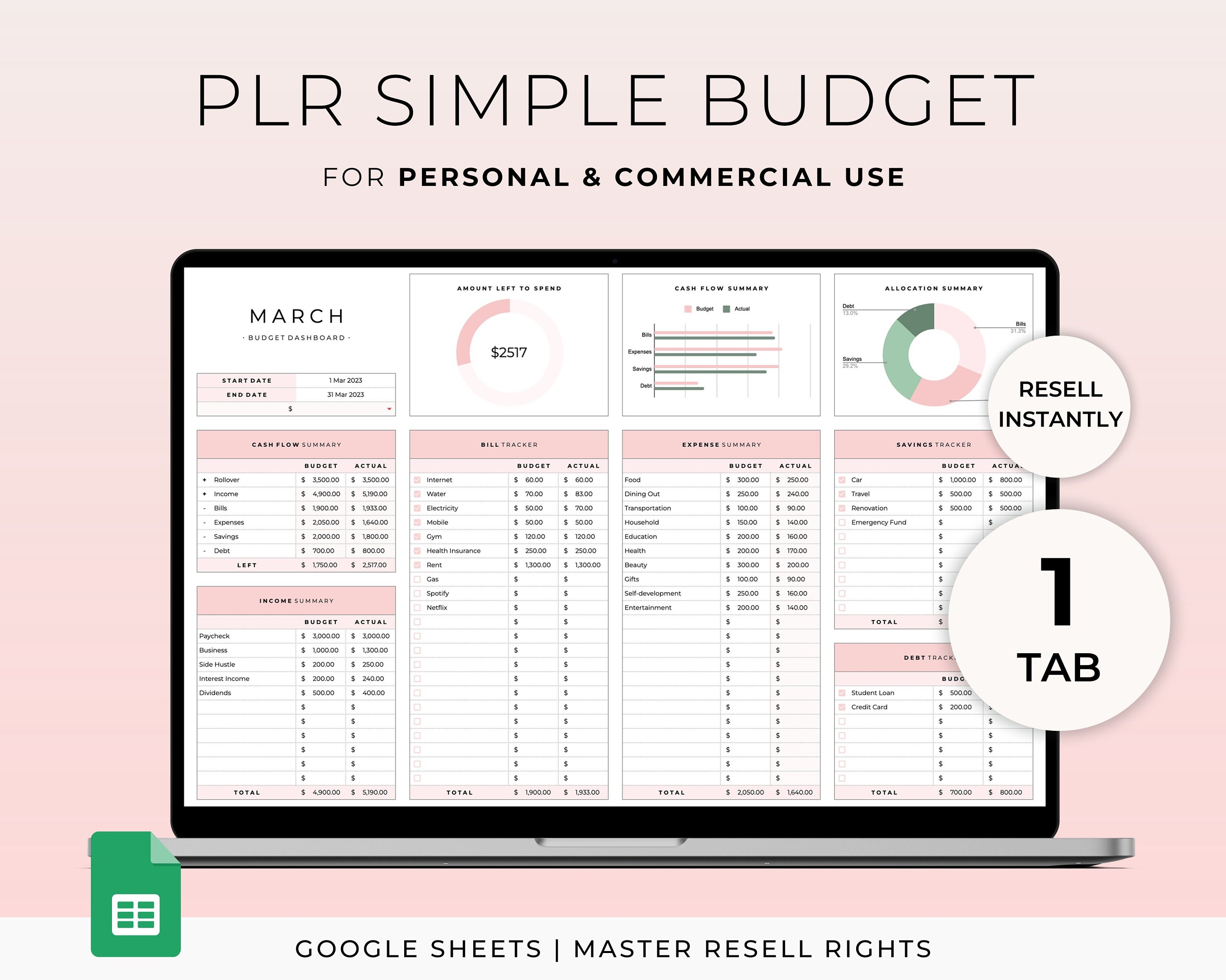 PLR Budget Template for Google Sheets Master Resell Rights Commercial Use PLR Monthly Budget Spreadsheet Financial Planner Expense Tracker