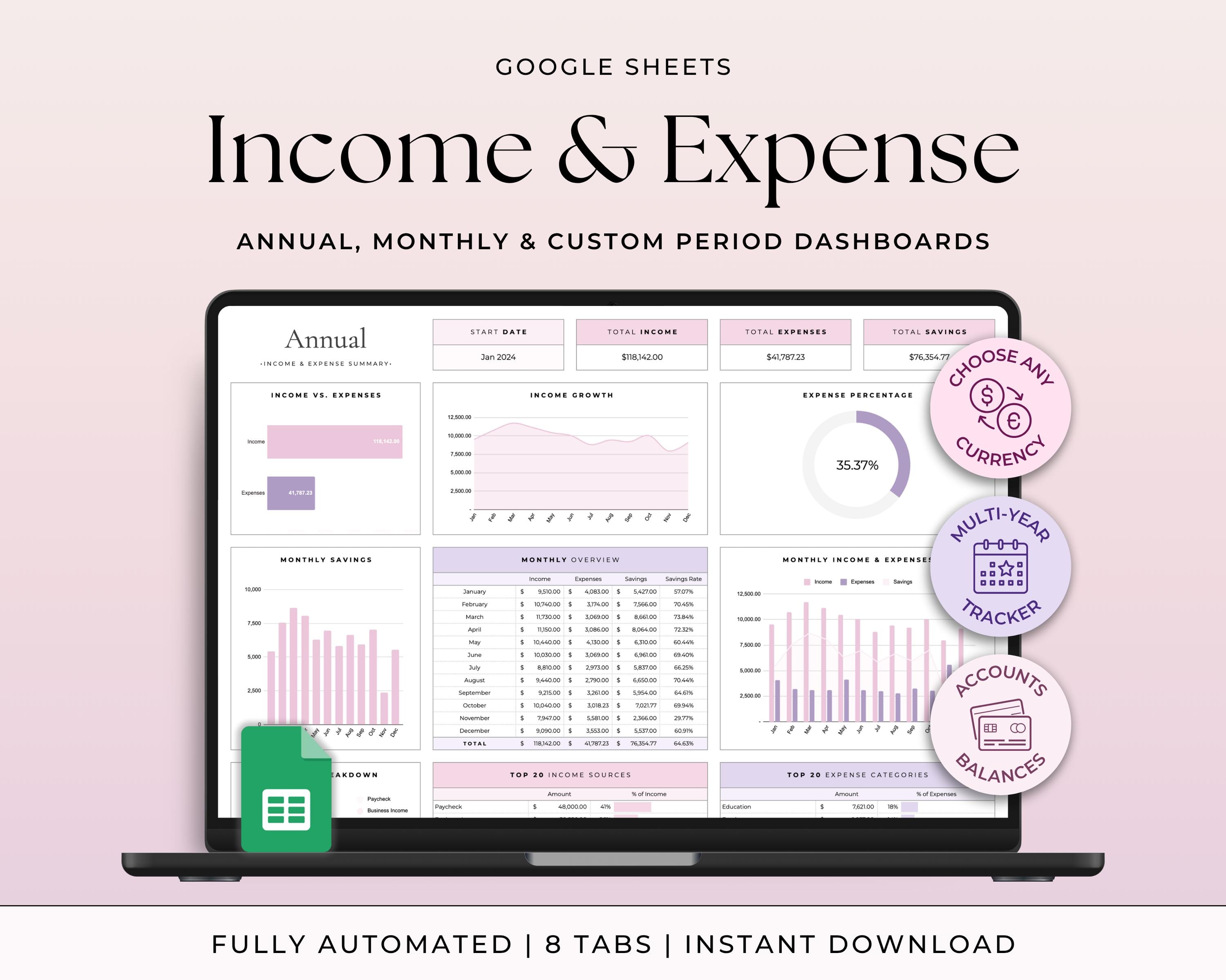 Income and Expense Tracker Spreadsheet Personal Financial Planner Google Sheets Monthly Expense Tracker Small Business Finance Template