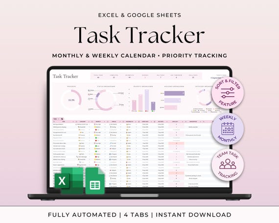Task Tracker Spreadsheet Google Sheets Excel Digital To-Do List Productivity Template Task Manager Work Organization Team Project Manager