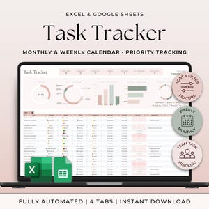 May include: A laptop displays a "Task Tracker" spreadsheet with charts and data. The screen shows monthly and weekly calendar features, with "Sort & Filter," "Weekly Monthly," and "Team Task Tracking" icons. The text reads "Excel & Google Sheets" and "Fully Automated | 4 Tabs | Instant Download."