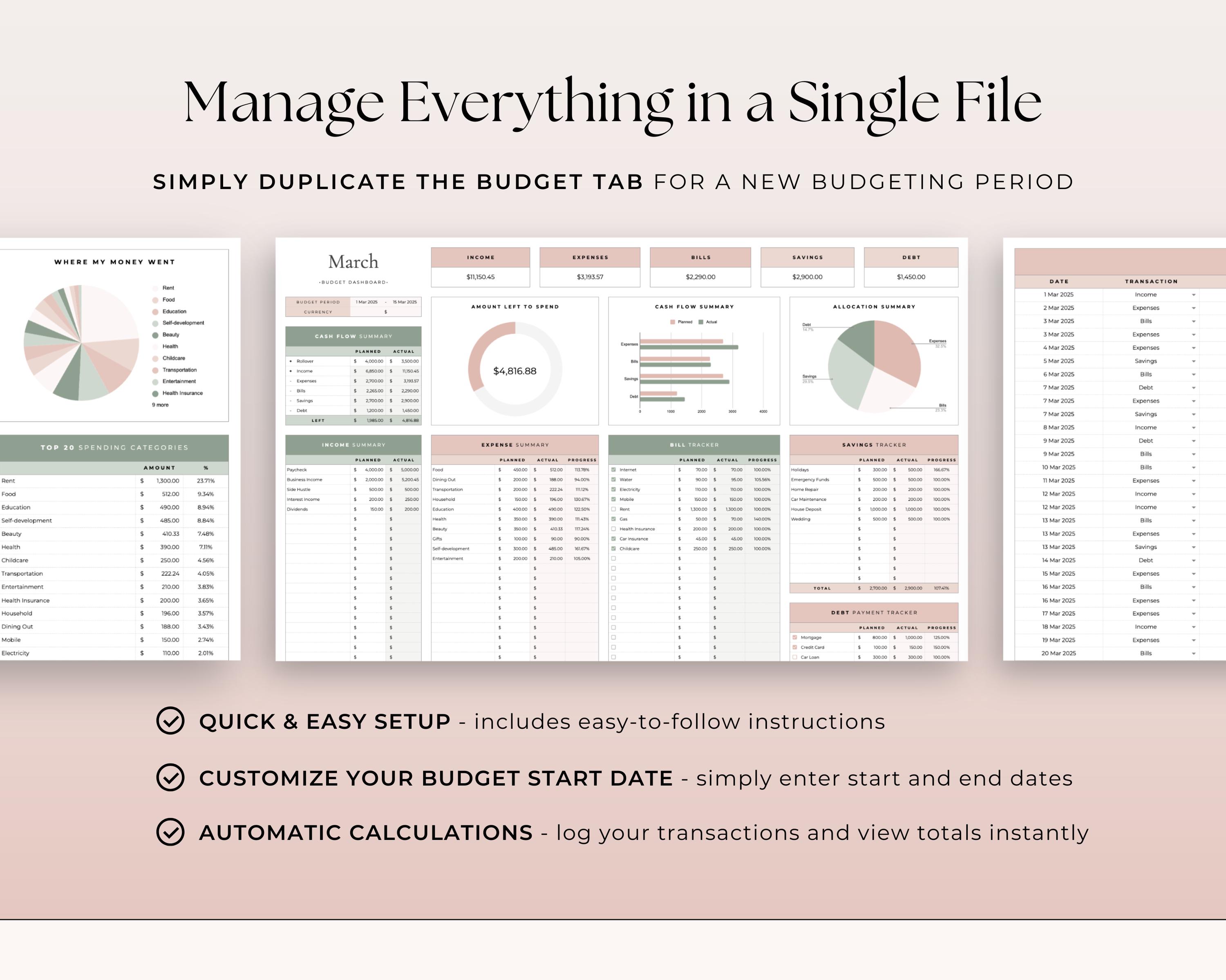Budget Spreadsheet Google Sheets Easy Monthly Budget Tracker Paycheck ...