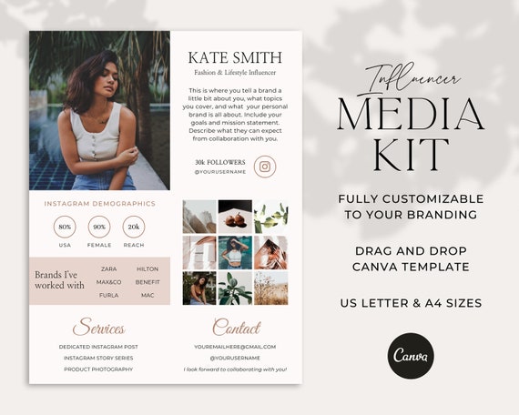 1 Page Media Kit Social Media Template Black White Feminine Media Kit Media Kit Template Canva for Bloggers & Influencers Media Press Kit